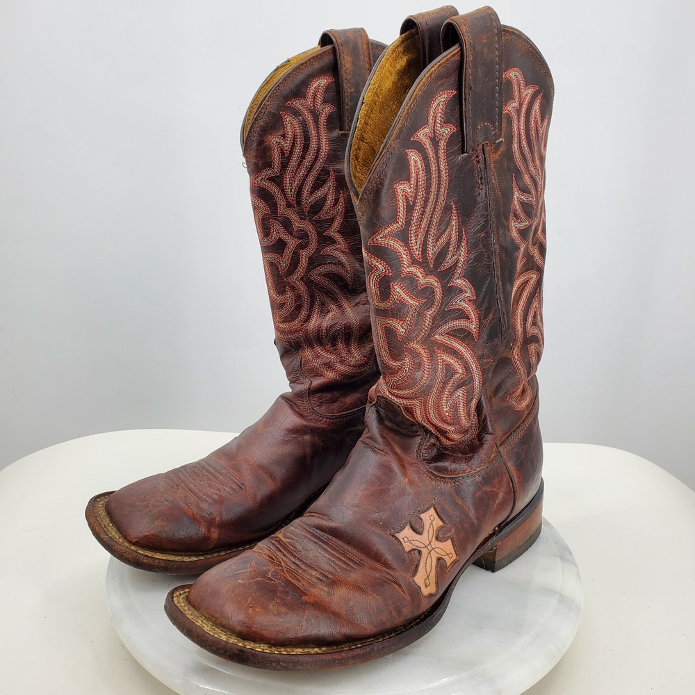 Tony Lama Brown Leather Cross Inlay Square Toe Western Cowboy Boots USA Women 7B